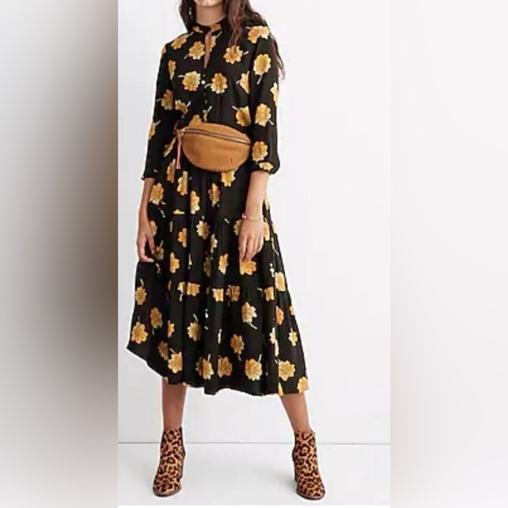 Madewell Black Midi Dress with Yellow Floral Print